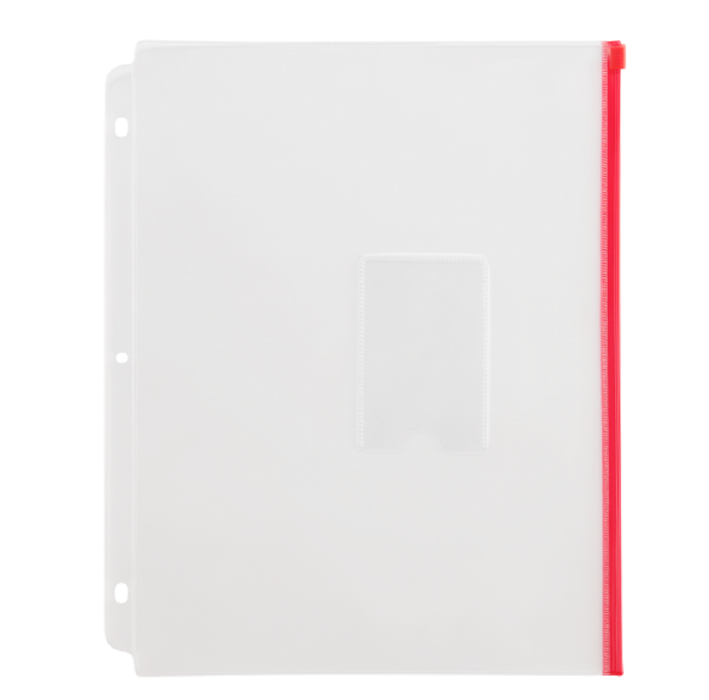 3 Holes Clear Zipper Binder Pocket with Card Slots（1 PCS, Red Zipper)